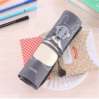 韩国可爱男女小清新帆布卷帘铅笔袋简约高初中小学生大容量文具盒 龙猫卷卷面具