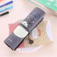 韩国可爱男女小清新帆布卷帘铅笔袋简约高初中小学生大容量文具盒 龙猫卷卷撑伞