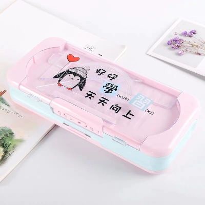 创意密码文具盒小学生笔盒网红流沙多功能学霸铅笔盒少女卡通可爱 双鱼座蓝粉色升级款送LED手表