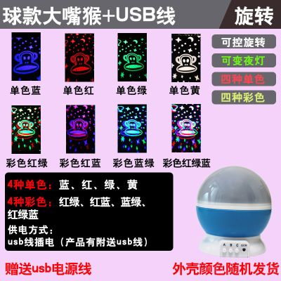 星空投影灯小夜灯创意浪漫旋转儿童卧室少女床头音乐投影仪 球款大嘴猴+USB电源线