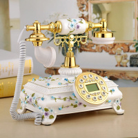 固定移动电信仿古电话欧式电话机座机家用有线电话复古电话机无线 蓝色花(插移动+联通手机卡使用)