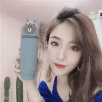 韩国line布朗熊卡通立体硅胶笔筒可伸缩笔袋大容量铅笔文具收纳盒 灰色龙猫直笔筒 透明袋子(送3只熊笔)