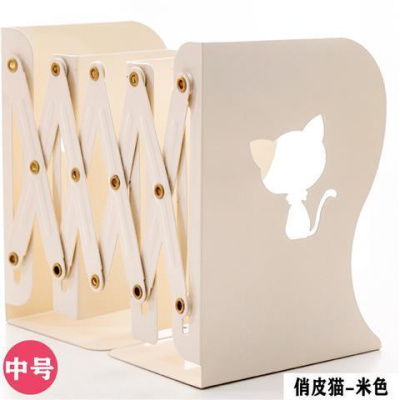 伸缩书立架学生大号创意简约铁书立书夹书靠书挡桌上折叠收纳书架 俏皮猫(米色)中号