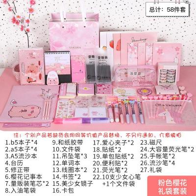 少女心学生礼品文具套装大礼包儿童小学初中学习用品生日回礼 粉色樱花礼袋套装[58件套]