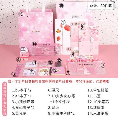 少女心学生礼品文具套装大礼包儿童小学初中学习用品生日回礼 竖版樱花礼盒礼袋套装【豪华30件套】