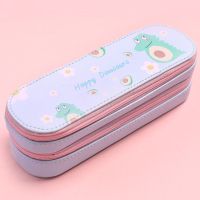 多功能初中笔袋女简约isn潮大容量帆布双层笔盒初中小学生文具盒 双层款-恐龙牛油果蓝色 +4支猪猪笔