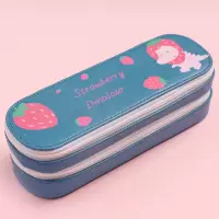 多功能初中笔袋女简约isn潮大容量帆布双层笔盒初中小学生文具盒 双层款-恐龙草莓深蓝 +4支少女心学霸笔