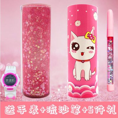 网红流沙笔袋女生孩笔袋女学生文具盒铅笔盒多功能笔盒带计算器 公主猫流沙+送手表流沙笔5件礼