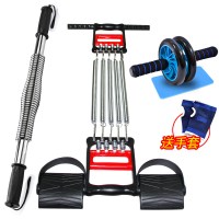 健身器材套装男家用体育用品多功能胸肌训练锻炼臂力棒拉力|电镀黑棒+三用黑红+豪华轮蓝+跪垫+手套 40公斤