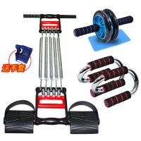 健身器材套装男家用体育用品多功能胸肌训练锻炼臂力棒拉力|三用黑红+豪华轮蓝+电镀红俯卧撑+跪垫+手套 50公斤