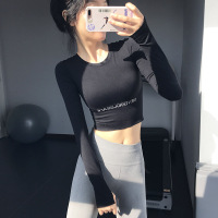 圆领紧身瑜伽服女秋季短款跑步运动上衣带胸垫露脐健身长袖潮