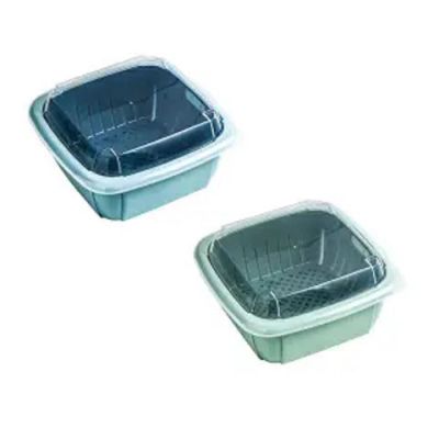 双层沥水保鲜盒冰箱多功能家用厨房蔬菜水果沥水篮塑料洗菜盆带盖|绿色+青色[共2个装]