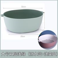 塑料双层洗菜篮沥水篮 厨房洗菜篮子家用多功能圆形洗菜盆水果篮|大号长方形浅灰(2件套)