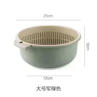 塑料双层洗菜篮沥水篮 厨房洗菜篮子家用多功能圆形洗菜盆水果篮|大号圆形军绿色(2件套)
