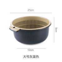 塑料双层洗菜篮沥水篮 厨房洗菜篮子家用多功能圆形洗菜盆水果篮|大号圆形灰蓝色(2件套)