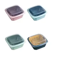 双层沥水保鲜盒冰箱多功能家用厨房蔬菜水果沥水篮塑料洗菜盆带盖|蓝色+青色+粉色+绿色[共四个装]