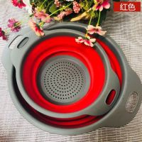 折叠沥水篮塑料洗菜篮漏水盆厨房滤水装蔬菜水果篮子|红色 大+小两件套（送水果刀）