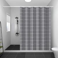 磁性浴帘套装免打孔浴室弧形浴帘杆卫生间挡水条隔断帘加厚防水布|小灰格 B款+帘宽200*高200+挂钩