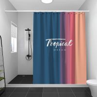 磁性浴帘套装免打孔浴室弧形浴帘杆卫生间挡水条隔断帘加厚防水布|拼色-蓝 B款+磁帘宽200*高200+挡水条