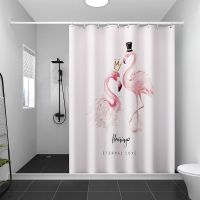 磁性浴帘套装免打孔浴室弧形浴帘杆卫生间挡水条隔断帘加厚防水布|火烈鸟 B款+磁帘宽200*高200+挡水条