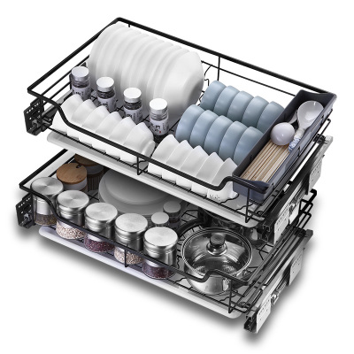拉篮厨房橱柜304不锈钢双层抽屉式内置碗架厨柜调味篮碗篮