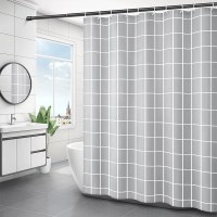 浴室浴帘厕所挡水隔断帘杆套装免打孔防水布卫生间遮挡门帘子|灰格子 单帘（送挂钩）180宽*180高