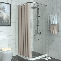 浴室免打孔弧形杆磁性|浅咖色(银杆+白条) 墙宽95*95:伸缩A杆+磁吸帘2m*2m+滚珠挂钩(无挡水条)