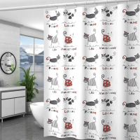 浴室浴帘防水布套装洗澡卫生间窗帘免打孔挂帘帘子|[织布]卡通小猫 白色伸缩杆140-260+浴帘240宽*200高+绑带