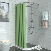 浴室免打孔弧形杆磁性|抹茶绿(银杆+白条) 墙宽95*95:伸缩A杆+磁吸帘2m*2m+滚珠挂钩(无挡水条)