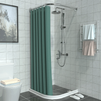 浴室免打孔弧形杆磁性|灰湖绿(银杆+白条) 墙宽80*80:伸缩A杆+磁吸帘1.8m*2m+滚珠挂钩(无挡水条)