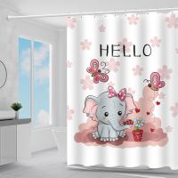 防水防霉浴室浴帘免打孔伸缩浴帘杆套装防水布帘隔断帘卫生间窗帘|蝴蝶小象 套装宽150*高180+1.6伸缩杆+环+绑带