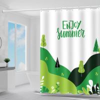 防水防霉浴室浴帘免打孔伸缩浴帘杆套装防水布帘隔断帘卫生间窗帘|绿植山丘 套装宽120*高180+1.2伸缩杆+环+绑带