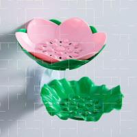现代简约免打孔香皂盒创意莲花形浴室可沥水壁挂式肥皂置物架|[草绿*粉]# 肥香#皂盒[1整套装]+送强力胶片