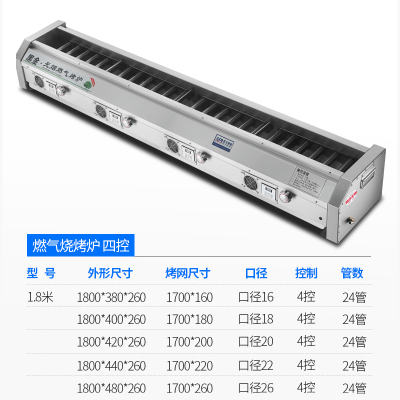 黑金刚烧烤炉商用无烟燃气天然气液化烤生蚝羊肉串鱼摆摊烤架炉子|1.8米四控内宽16/18/20任选一分区控制控温