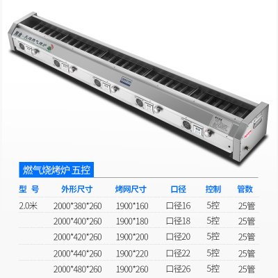 黑金刚烧烤炉商用无烟燃气天然气液化烤生蚝羊肉串鱼摆摊烤架炉子|2.0米五控25管(烤口190*26)分区控制控温