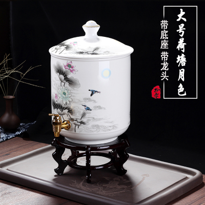 陶瓷净水缸客厅冷水壶带龙头储水罐储水桶饮水机家用茶水桶|大号荷塘月色水缸带龙头带底座