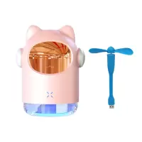 加湿器小型少女家用usb静音卧室香薰办公室桌面生日礼物喷雾量大|太空猫加湿器粉色+风扇 充电款