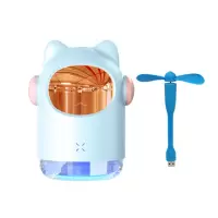 加湿器小型少女家用usb静音卧室香薰办公室桌面生日礼物喷雾量大|太空猫加湿器蓝色+风扇 直插款