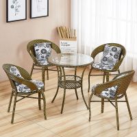 阳台桌椅藤椅三件套组合小茶几简约现代庭院玻璃圆桌子喝茶桌子椅