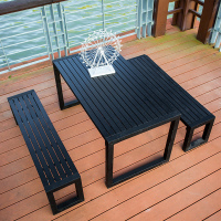 白色户外桌椅套件室外露台庭院阳台公园花园塑木休闲长条铁艺桌椅