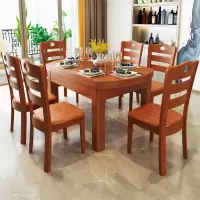 全实木餐桌组合可伸缩折叠桌圆形饭桌方圆两用小户型家用餐桌椅 海棠色 1.38米一桌六椅[全实木]