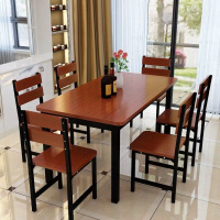 家用吃饭桌子饭店餐桌椅组合长方形商用快餐小吃店专用46人简约桌 黑架+柚木色 140长*80宽*75高