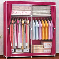 住宅家具柜类简易衣柜大容量不锈钢双人布衣橱大号非实木单人衣柜 1.3米宽酒红色