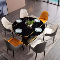 后现代轻奢餐桌椅组合客厅多功能可伸缩圆形餐桌带电磁炉储物饭桌