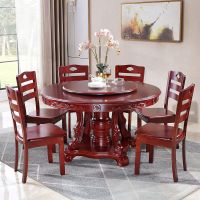 实木餐桌椅组合中式圆形饭桌家用10人带转盘花1.8米橡木大圆桌 雕花圆桌(红棕色) 1.3m一桌八椅送0.8m转盘