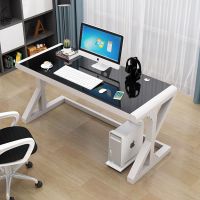 电脑台式桌家用 简约现代经济型书桌 简易钢化玻璃电脑桌学习桌子 白架子黑玻璃 140*60*75