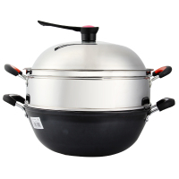 瑞康炒锅不粘锅铸铁锅无涂层双耳生铁炒锅电磁炉锅炖锅平底锅具 30带蒸笼