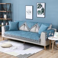 新中式雪尼尔沙发垫套罩四季通用现代简约客厅蓝色实木坐垫子防滑