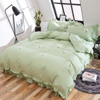 公主风床裙四件套简约纯色蕾丝花边亲肤婚庆床单被套