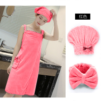 浴裙吸水可穿柔软不掉毛浴巾浴袍|新款珊瑚绒红色 浴巾+浴帽+束发带